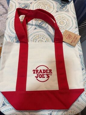 Trader Joe's mini Canvas Tote Bag - Red & Natural NWT
